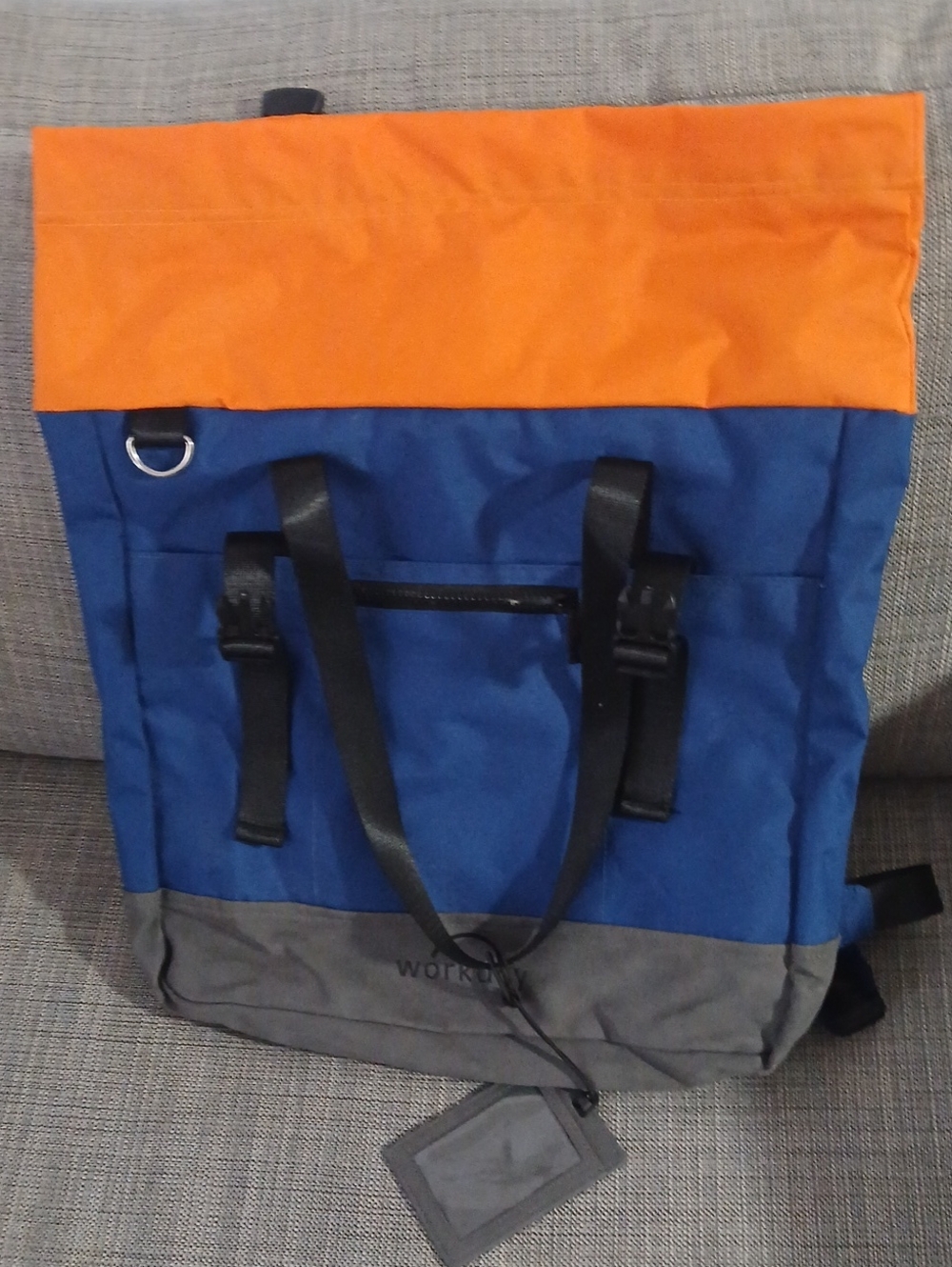 Colorblock Roll-Top Backpack Tote in Blue, Orange & Gray